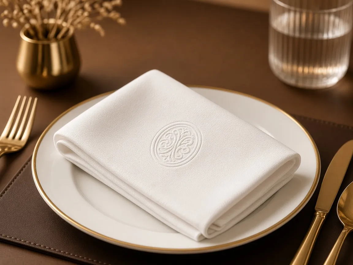 Napkin embossed with a custom monogram on a hotel table setting